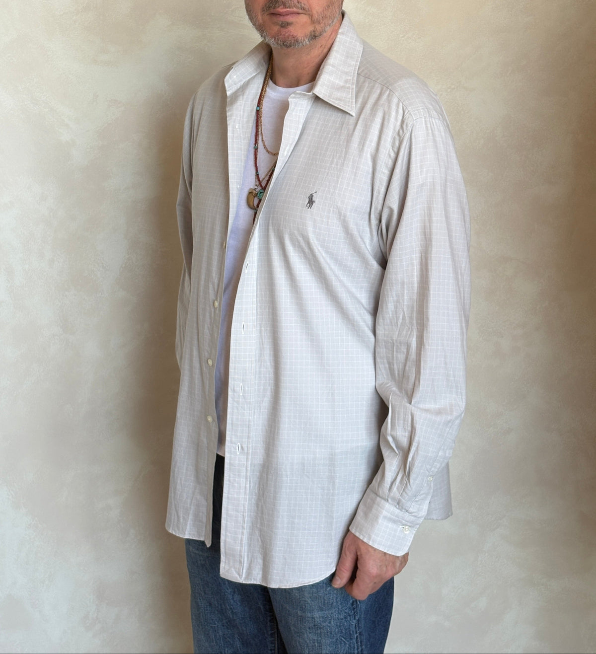 Polo by Ralph Lauren ANDREW Shirt 16-34/35 Large | Grey Windowpane Check Cotton | Vintage Mens Shirt-AJ357 Studio