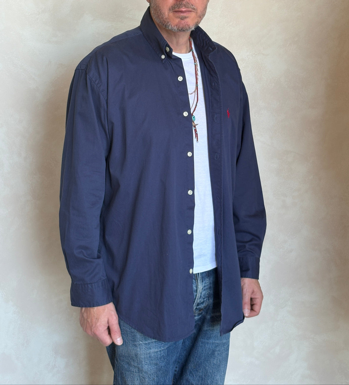 Ralph Lauren BLAKE Button-Down Shirt Large | Solid Navy 100% Cotton | Red Pony Logo | Mens Classic Shirt-AJ357 Studio