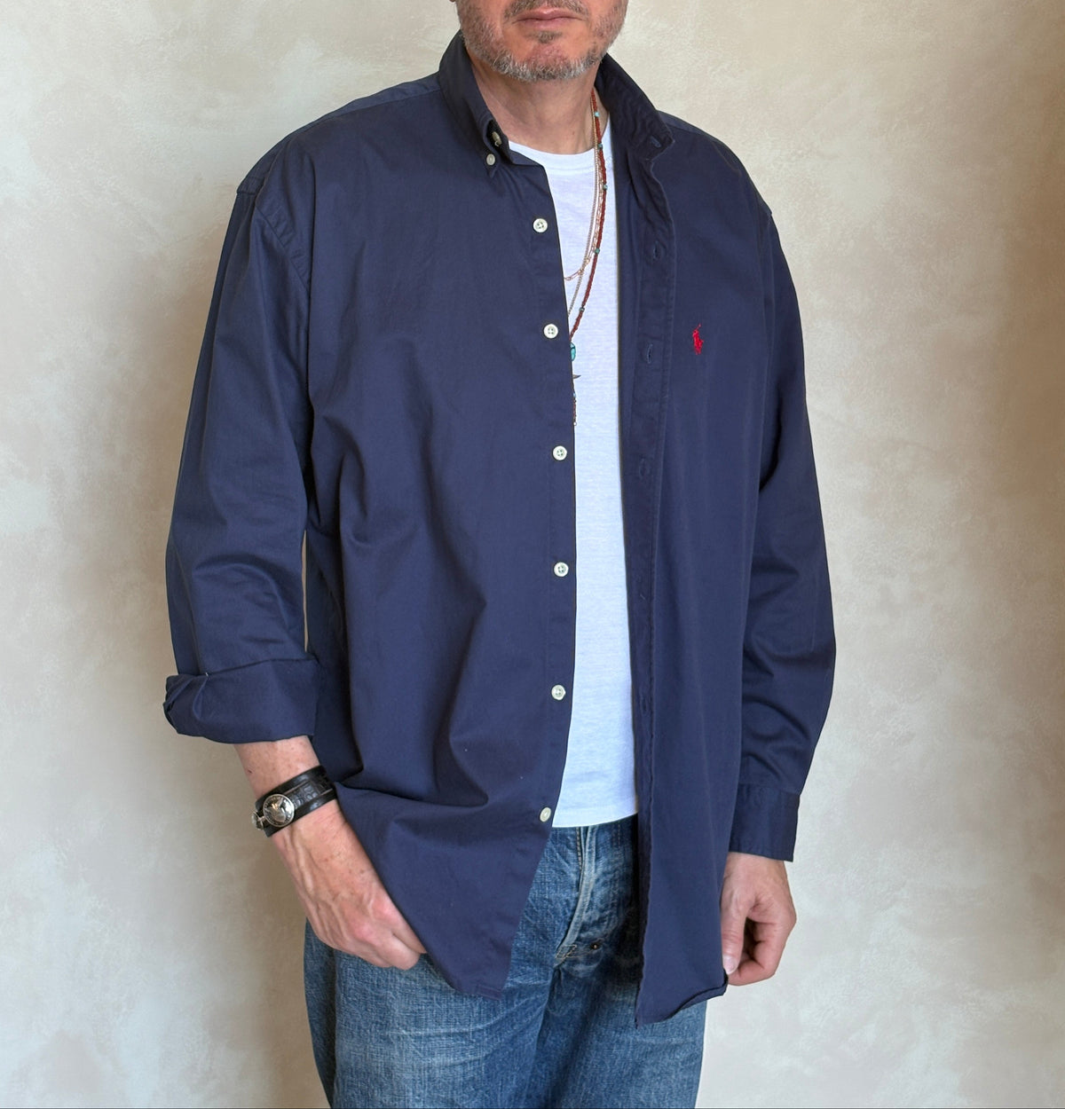 Ralph Lauren BLAKE Button-Down Shirt Large | Solid Navy 100% Cotton | Red Pony Logo | Mens Classic Shirt-AJ357 Studio