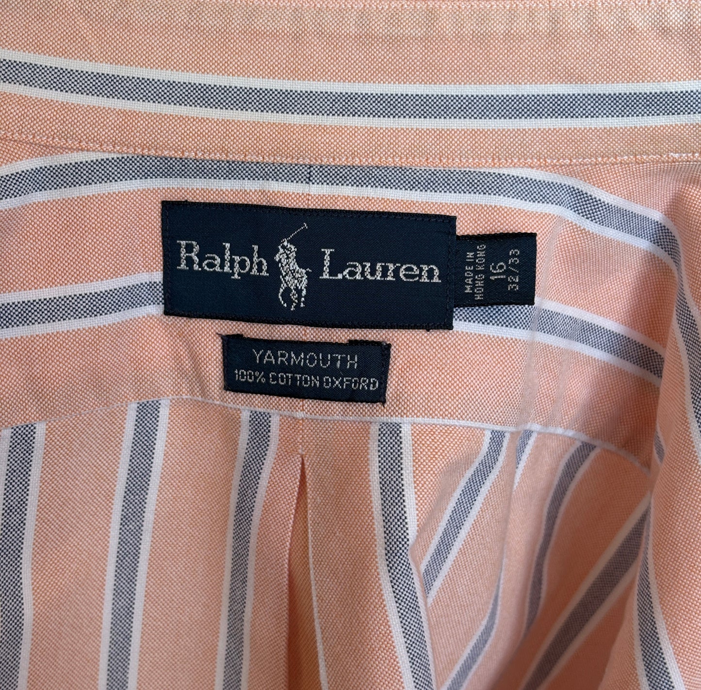 Ralph Lauren YARMOUTH Button-Down Shirt 16-32/33 Large | Peach Blue Stripe Cotton Oxford | Vintage Mens Shirt