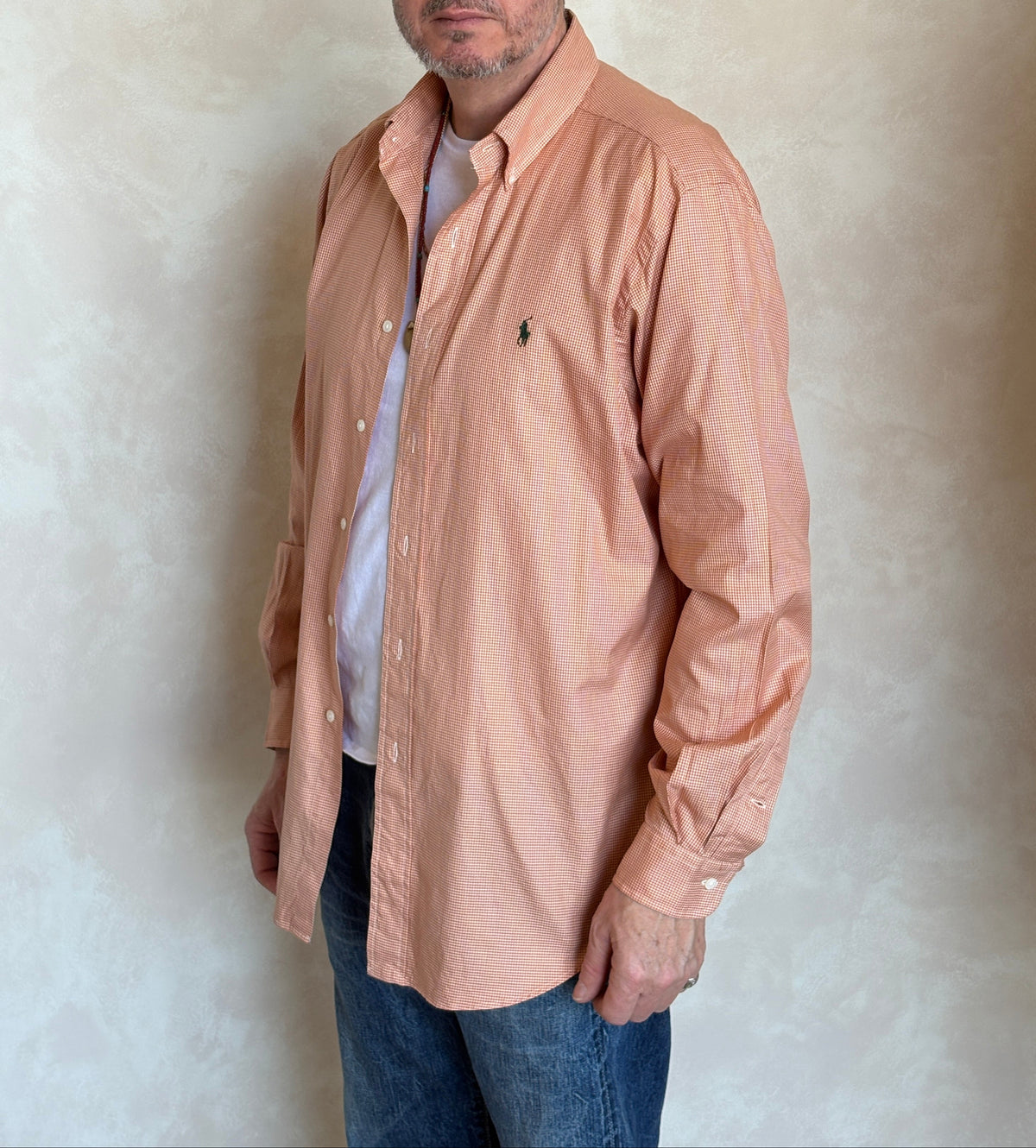 Ralph Lauren Classic Fit Button-Down Shirt Large | Rust Orange Houndstooth Cotton | Vintage Mens Shirt-AJ357 Studio