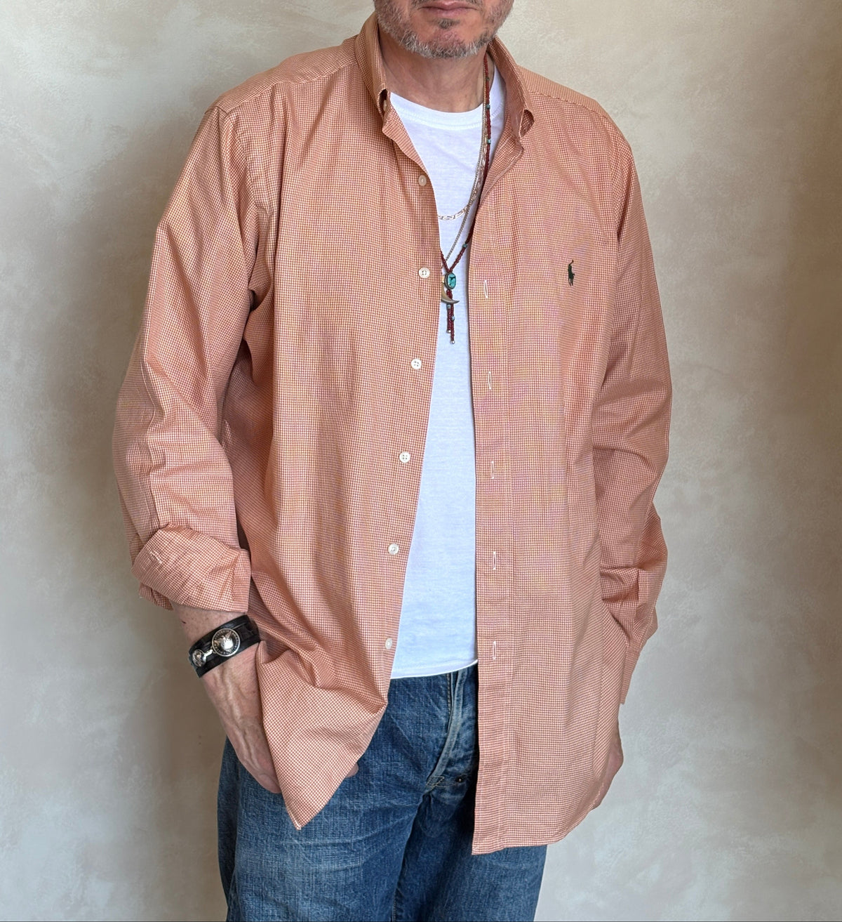 Ralph Lauren Classic Fit Button-Down Shirt Large | Rust Orange Houndstooth Cotton | Vintage Mens Shirt-AJ357 Studio