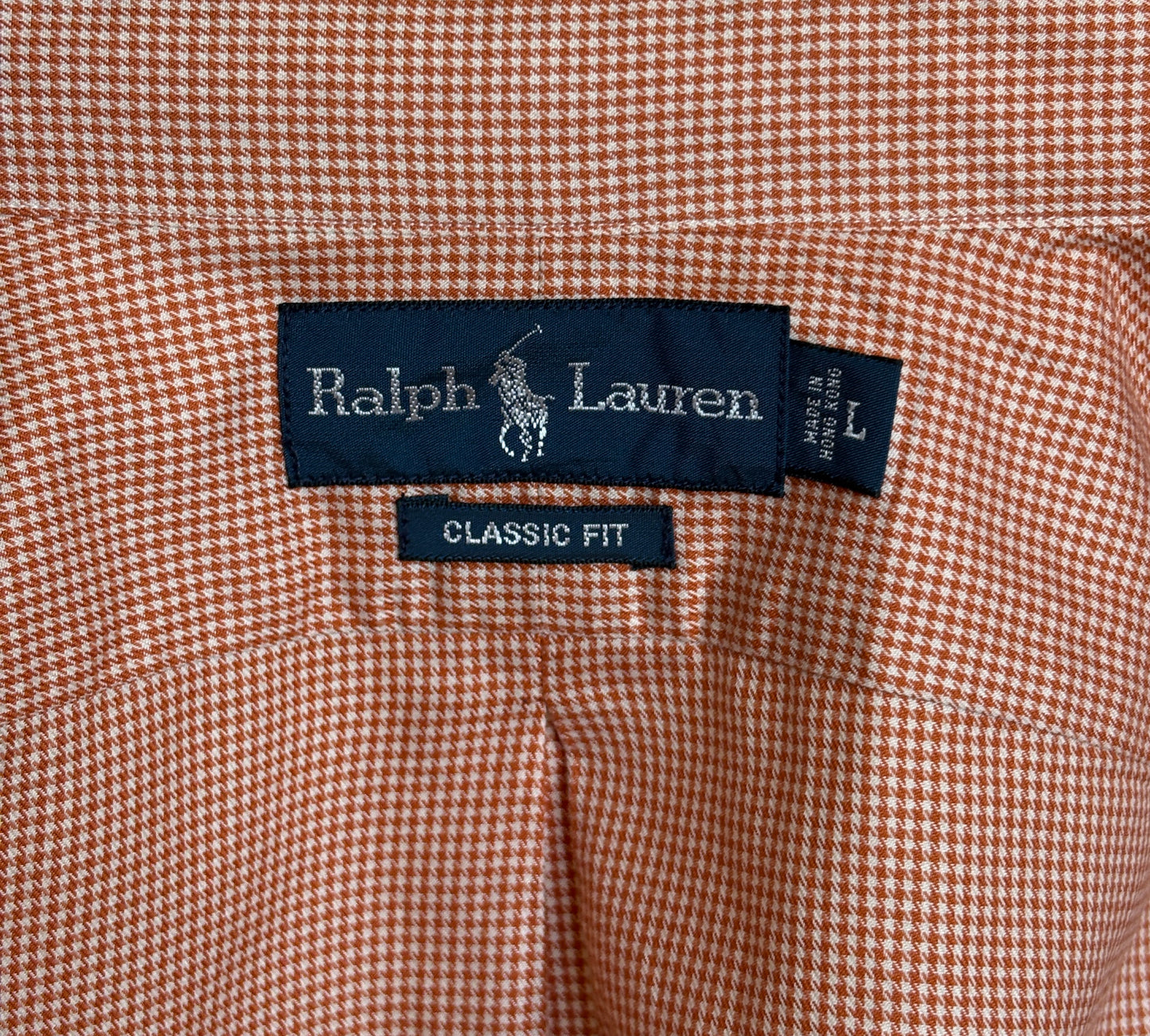 Ralph Lauren Classic Fit Button-Down Shirt Large | Rust Orange Houndstooth Cotton | Vintage Mens Shirt