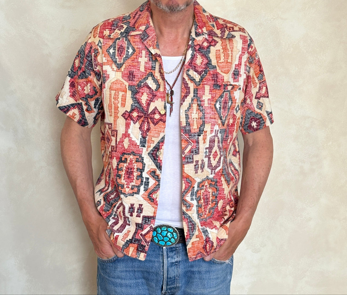 Medium Size Vintage 70s Hawaiian Barkcloth Cotton Shirt - Island Collectible-AJ357 Studio