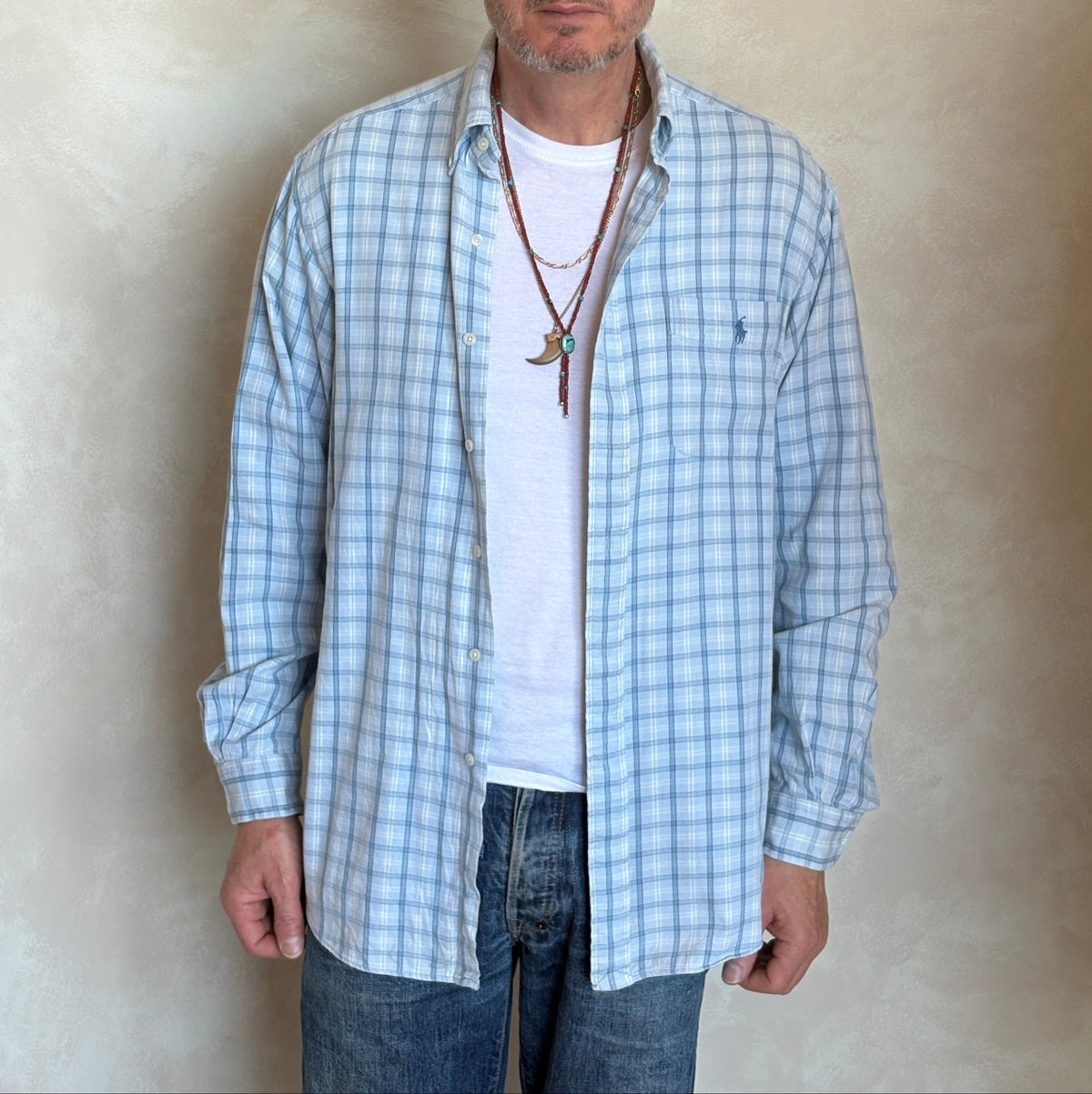 Ralph Lauren Sport Button-Down Shirt Large | Light Blue Plaid Cotton | Vintage Mens Shirt — As Is-AJ357 Studio