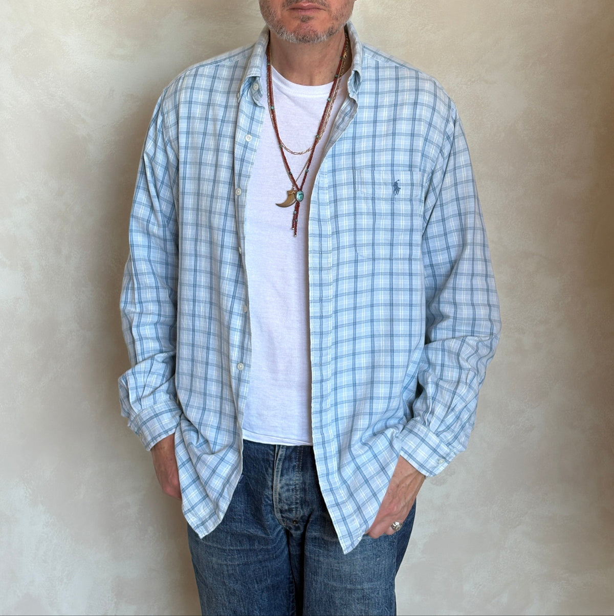 Ralph Lauren Sport Button-Down Shirt Large | Light Blue Plaid Cotton | Vintage Mens Shirt — As Is-AJ357 Studio