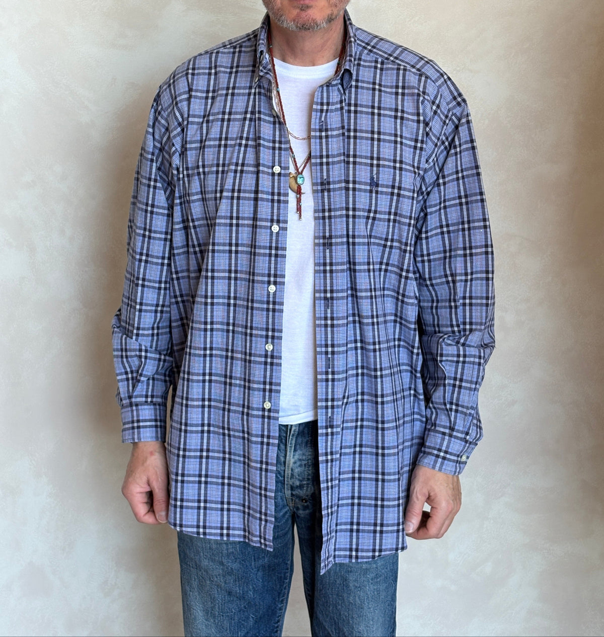 Ralph Lauren BLAKE Button-Down Shirt Large | Blue Black Plaid Cotton | Mens Classic Shirt-AJ357 Studio