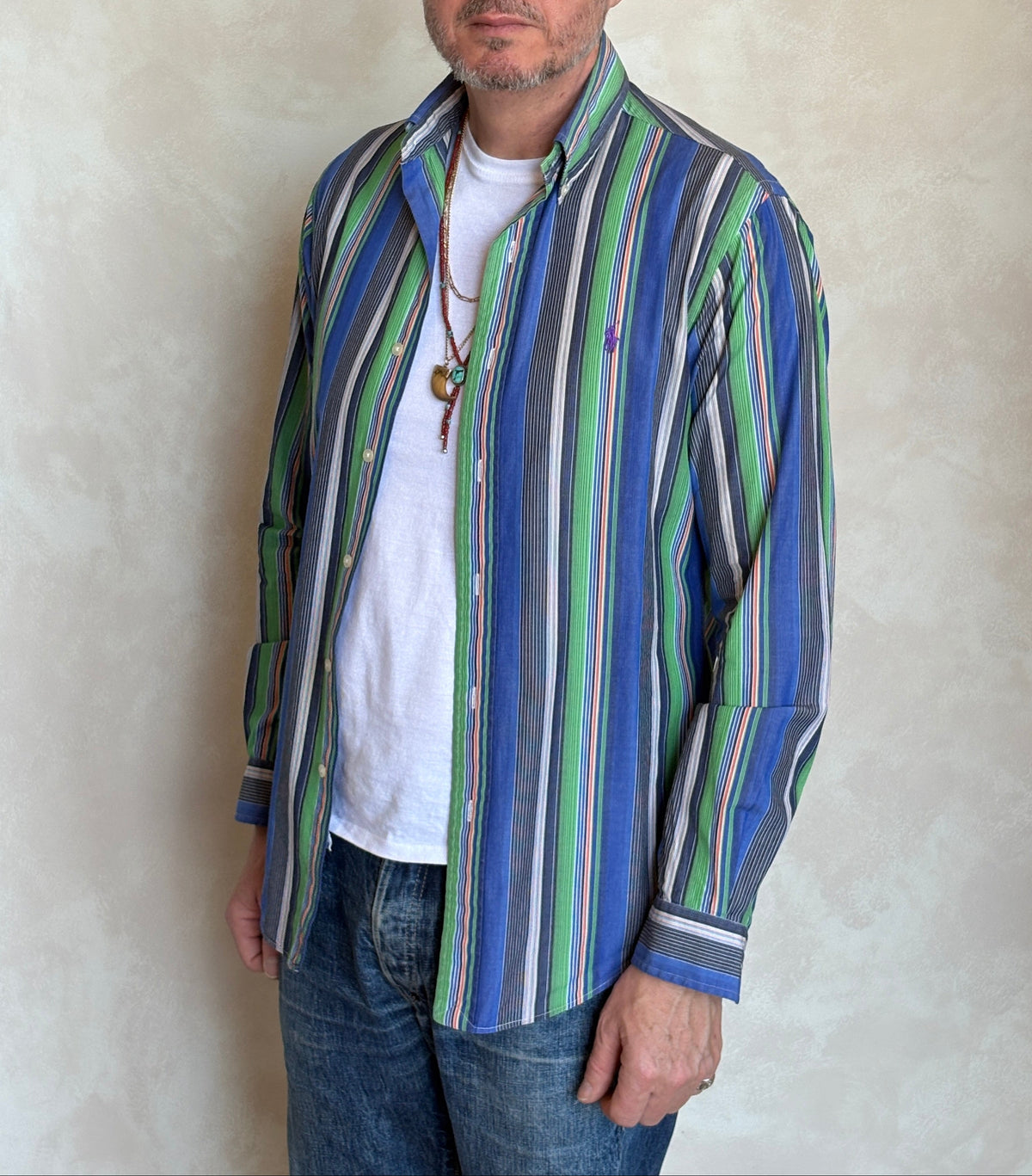 Ralph Lauren Golf Custom Fit Button-Down Shirt Small | Blue Green Multi Stripe Cotton | Mens Golf Shirt-AJ357 Studio