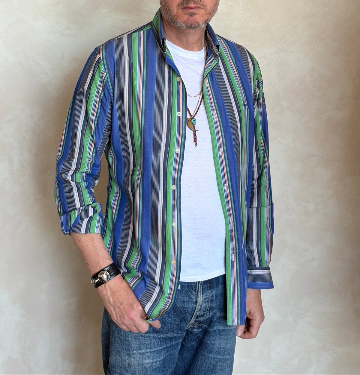 Ralph Lauren Golf Custom Fit Button-Down Shirt Small | Blue Green Multi Stripe Cotton | Mens Golf Shirt-AJ357 Studio