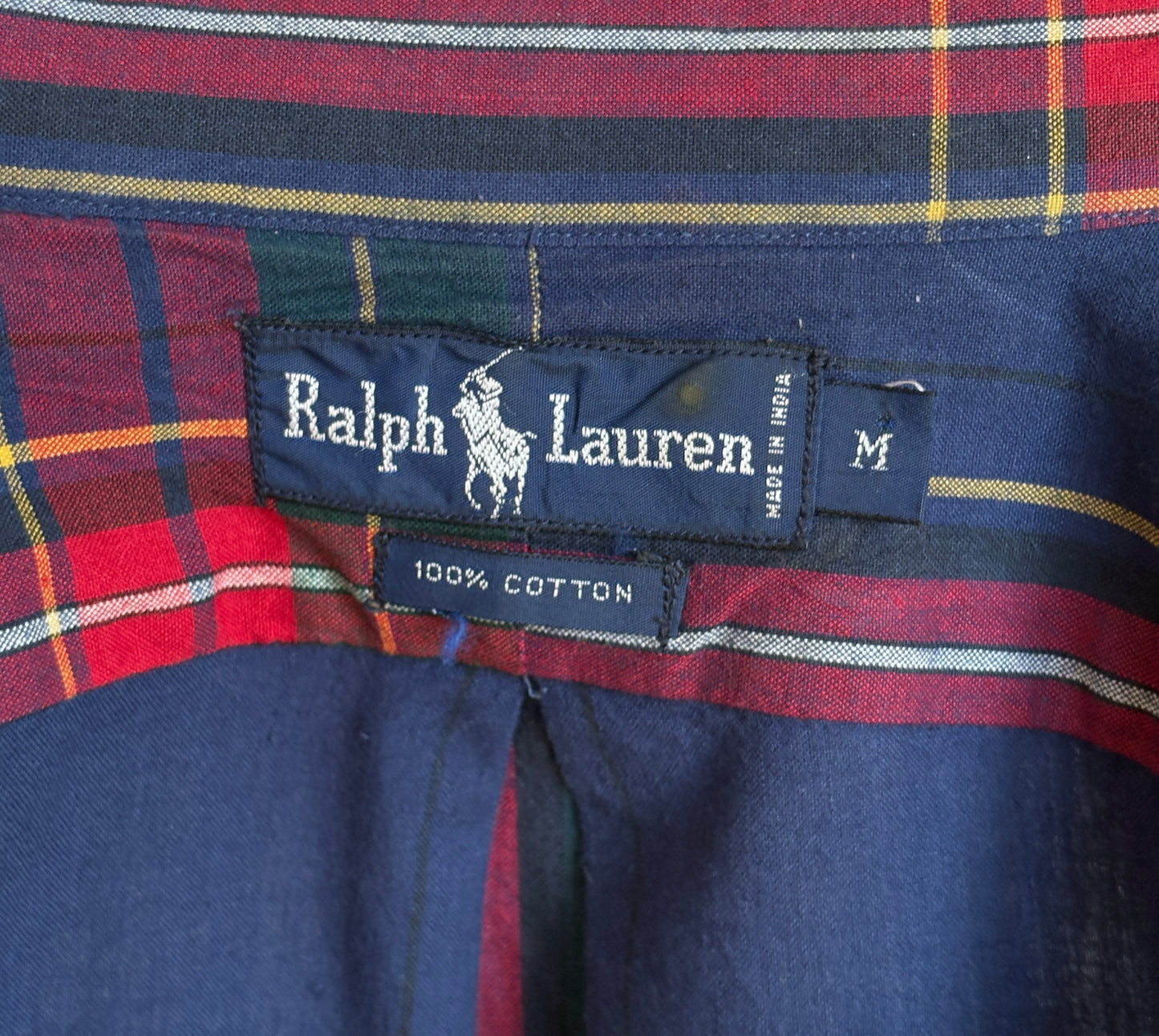 Ralph Lauren Button-Down Shirt Medium | Navy Red Tartan Plaid Cotton | Mens Classic Shirt