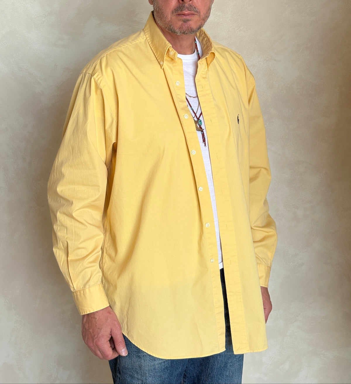 Ralph Lauren BLAKE Button-Down Shirt Large | Solid Yellow Cotton | Mens Classic Shirt-AJ357 Studio