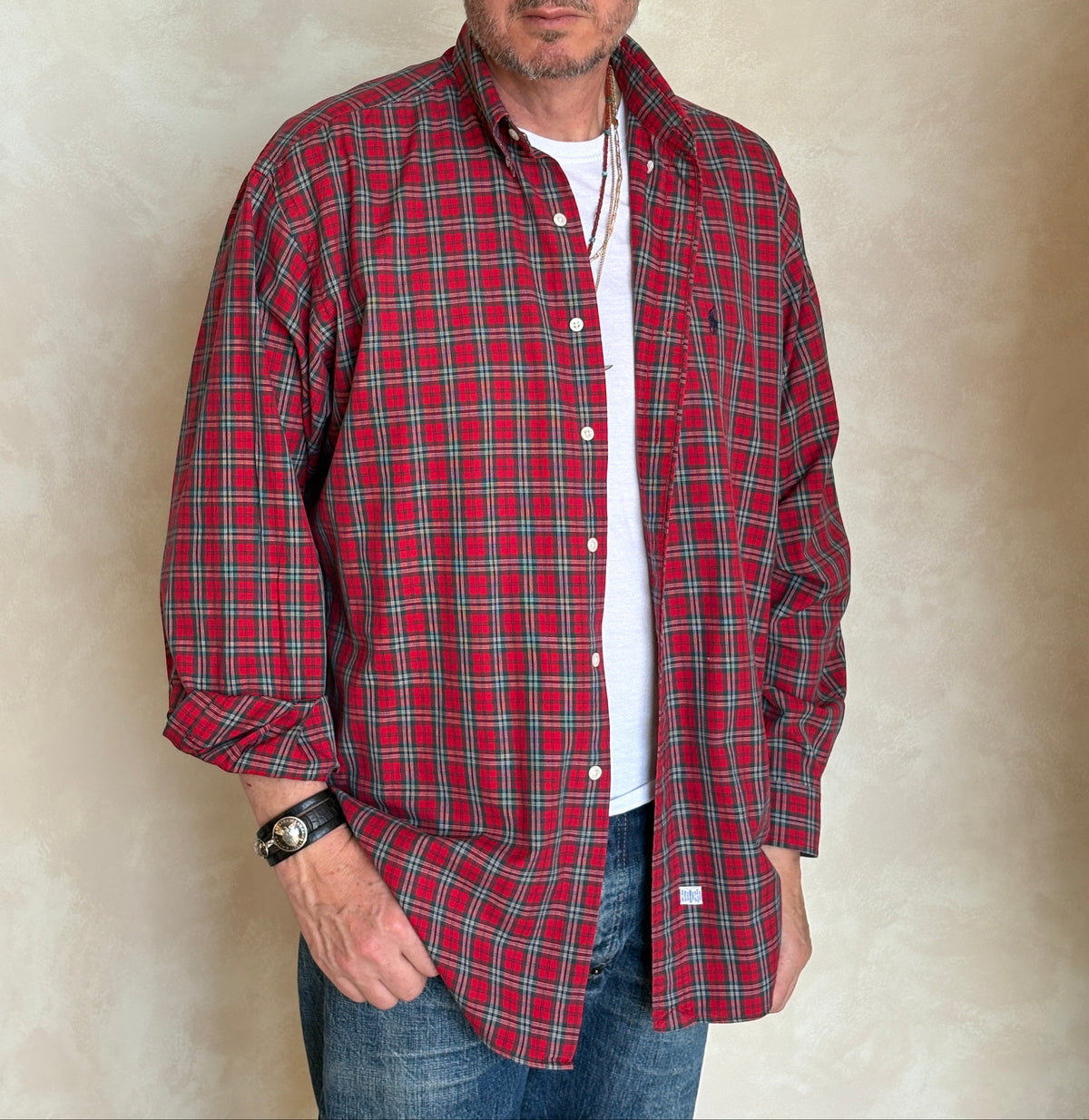 Ralph Lauren Button-Down Shirt Large | Red Green Tartan Plaid Cotton | Mens Classic Shirt-AJ357 Studio