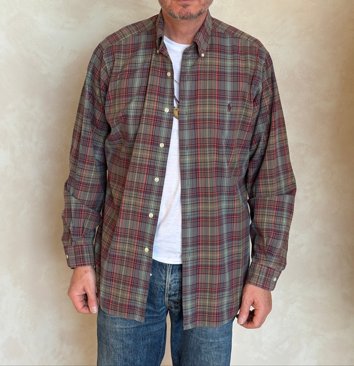 Ralph Lauren Classic Fit Plaid Shirt 16/L Olive Green Burgundy Cotton-AJ357 Studio
