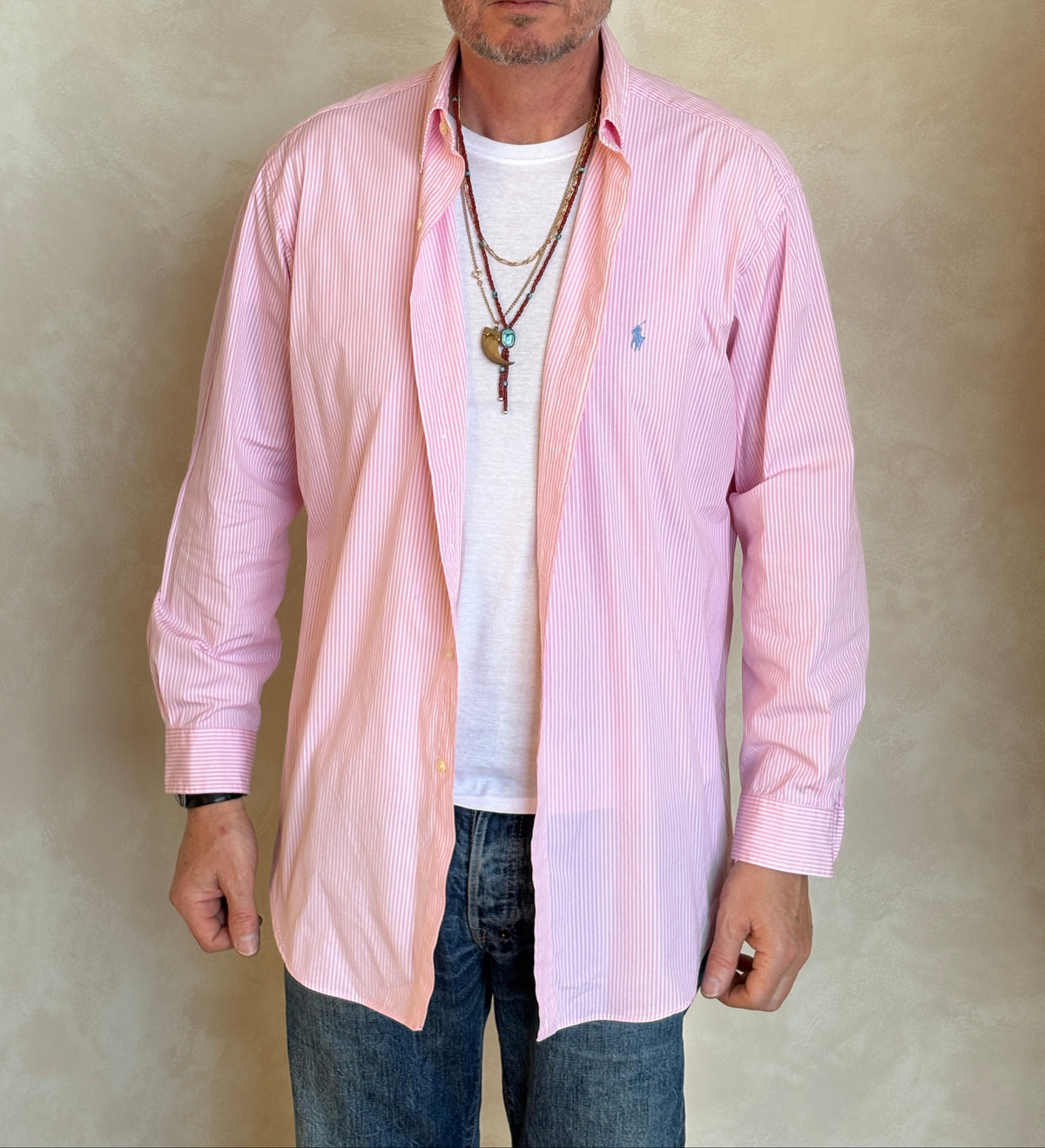 Ralph Lauren Classic Fit Shirt 16.5/35 Pink White Stripe Cotton Made in Philippines-AJ357 Studio