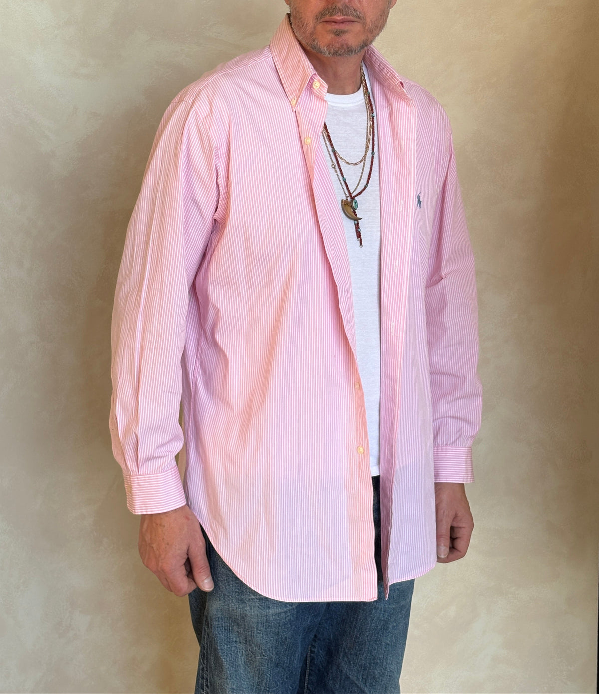 Ralph Lauren Classic Fit Shirt 16.5/35 Pink White Stripe Cotton Made in Philippines-AJ357 Studio