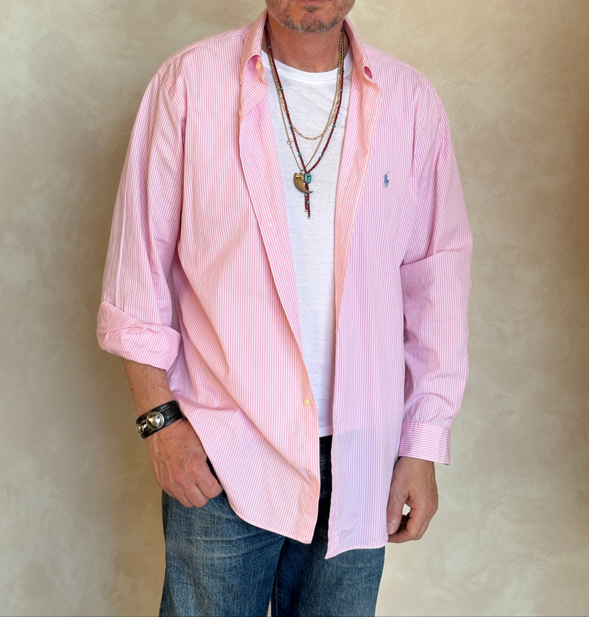 Ralph Lauren Classic Fit Shirt 16.5/35 Pink White Stripe Cotton Made in Philippines-AJ357 Studio