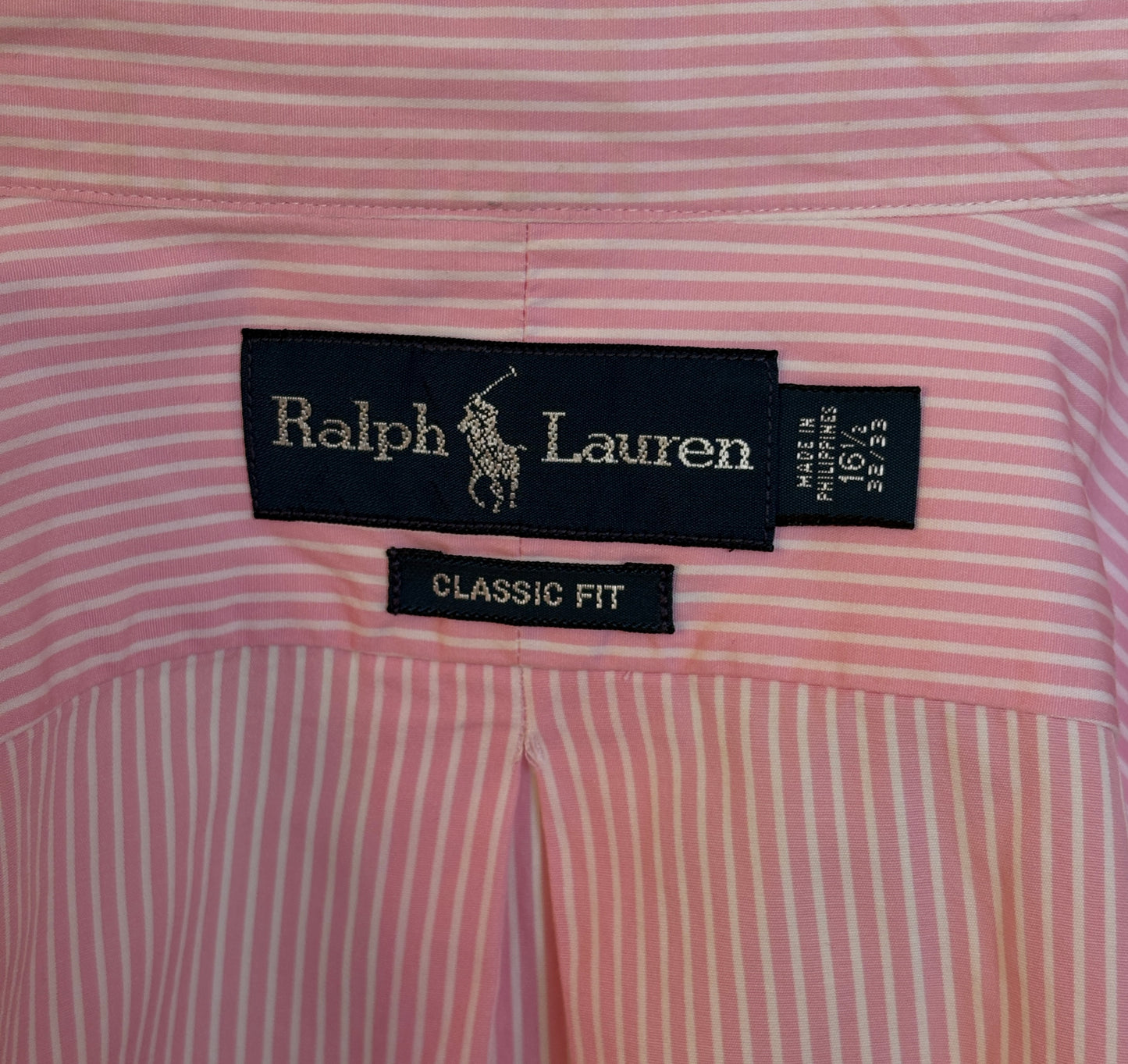 Ralph Lauren Classic Fit Shirt 16.5/35 Pink White Stripe Cotton Made in Philippines