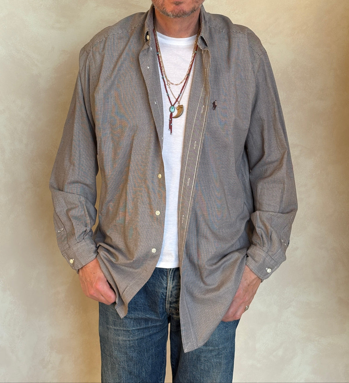 Ralph Lauren Blake Shirt Large Brown Houndstooth 100% Cotton Vintage-AJ357 Studio