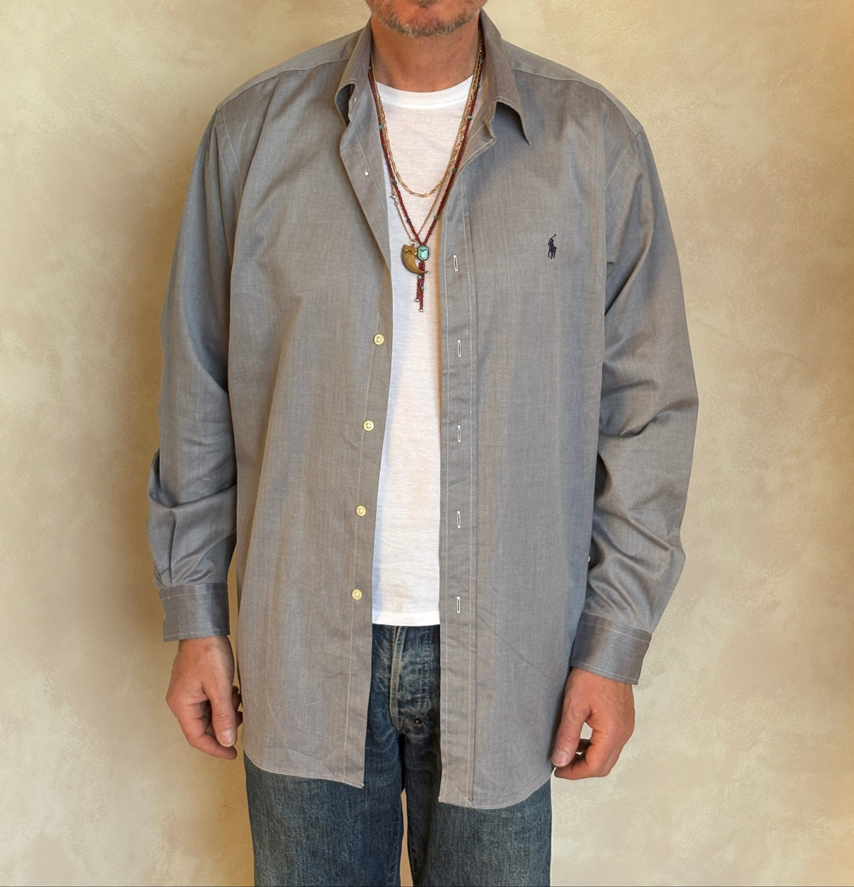 Polo Ralph Lauren Lowell Sport Shirt L Grey Herringbone 100% Cotton-AJ357 Studio