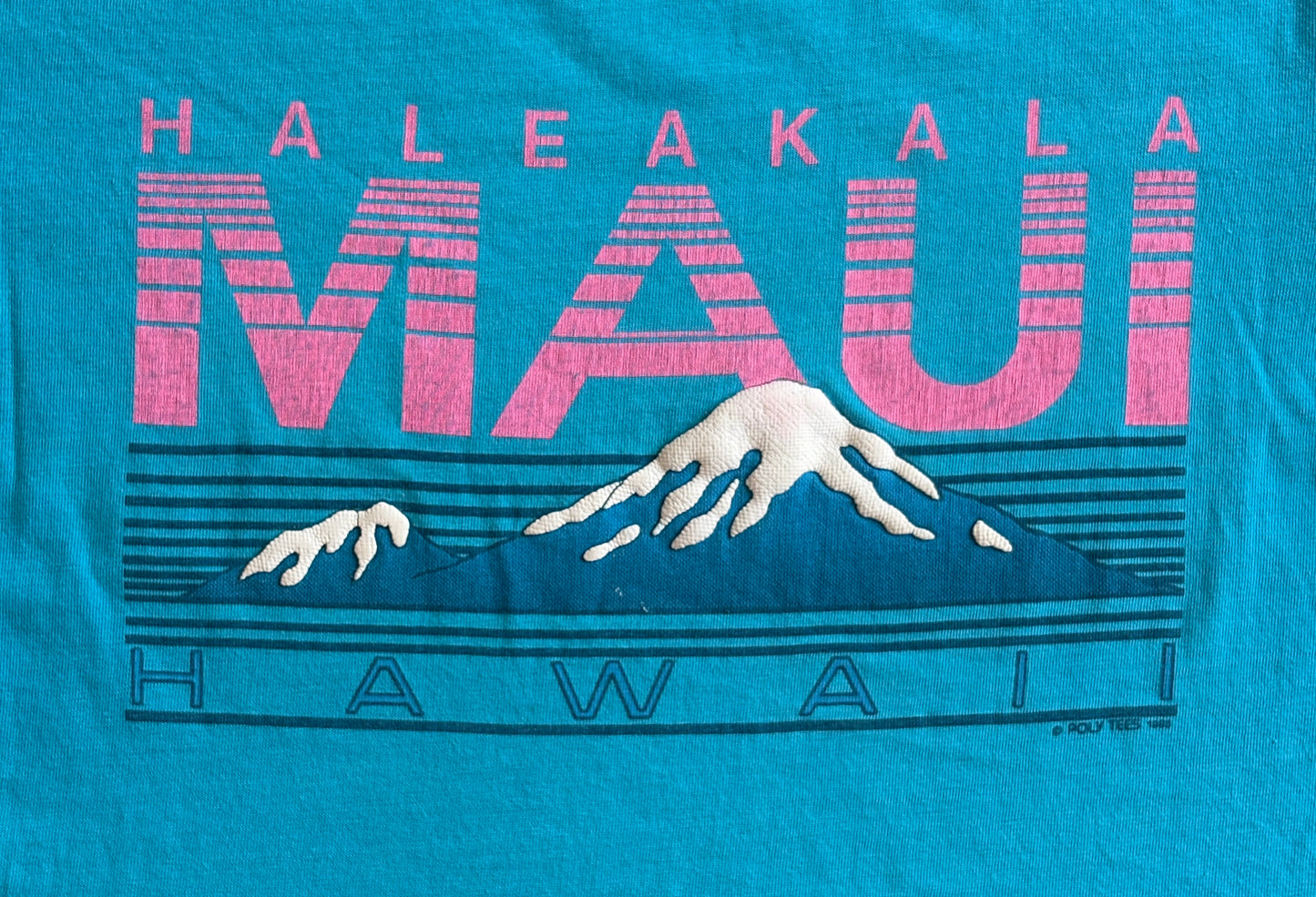 Vintage 1990s Haleakala Maui Hawaii blue and pink tourist t-shirt made in USA, size M