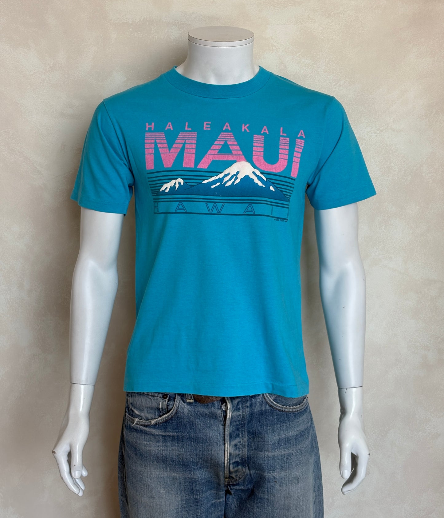Vintage 1990s Haleakala Maui Hawaii blue and pink tourist t-shirt made in USA, size M