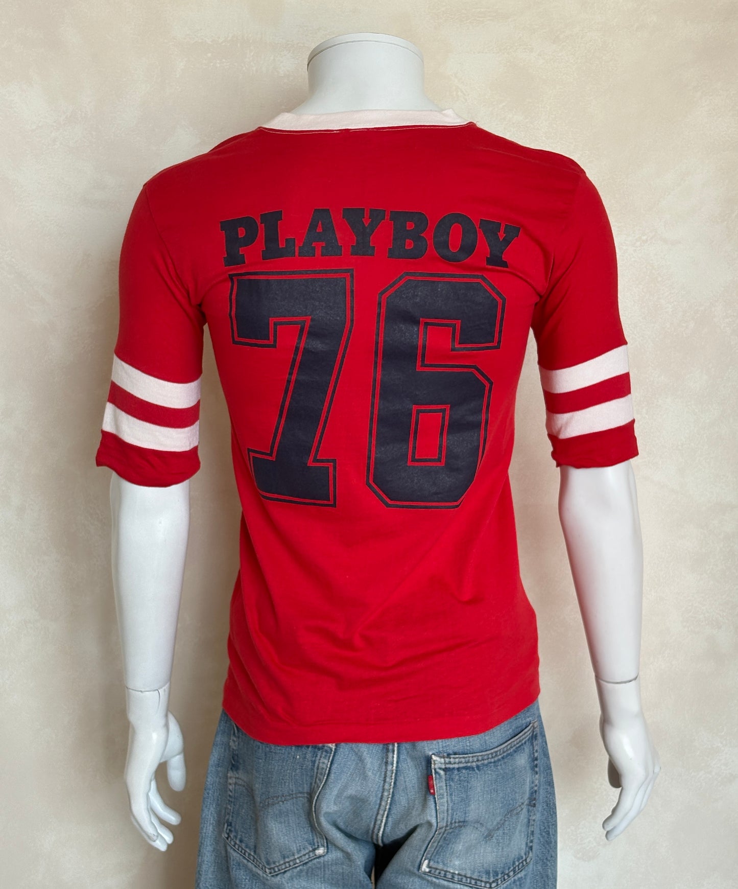 Vintage 70s  Playboy 76 Jersey T-Shirt Red 70s Style Football Tee – Med