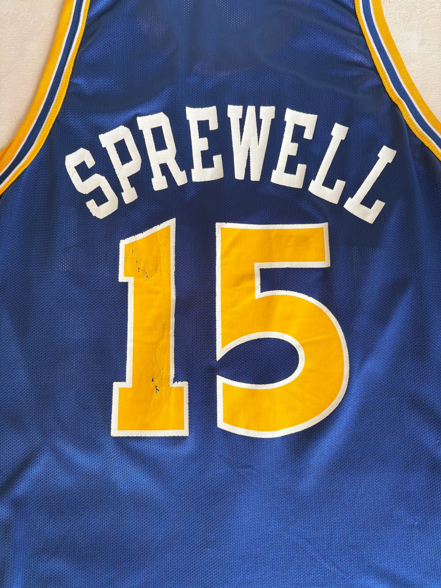 Champion Golden State Warriors Latrell Sprewell #15 Jersey Size 44 Blue Yellow Mesh 90s NBA