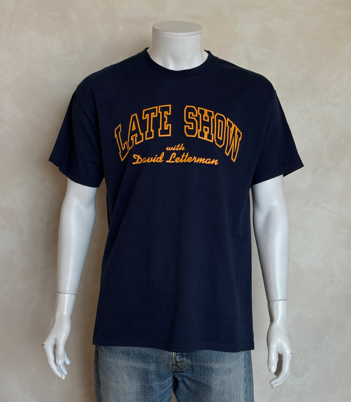 Vintage Champion 90s Late Show with David Letterman tee – classic TV nostalgia in bold collegiate style. Large-AJ357 Studio