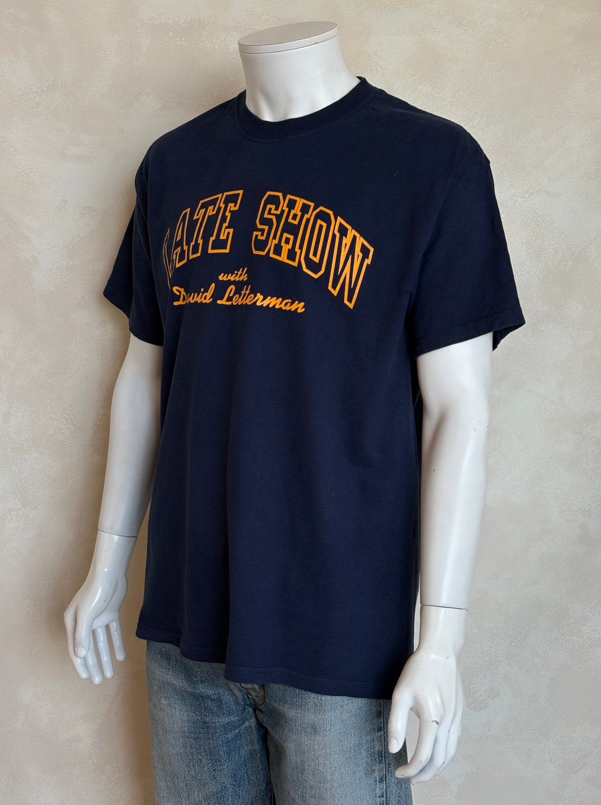 Vintage Champion 90s Late Show with David Letterman tee – classic TV nostalgia in bold collegiate style. Large-AJ357 Studio