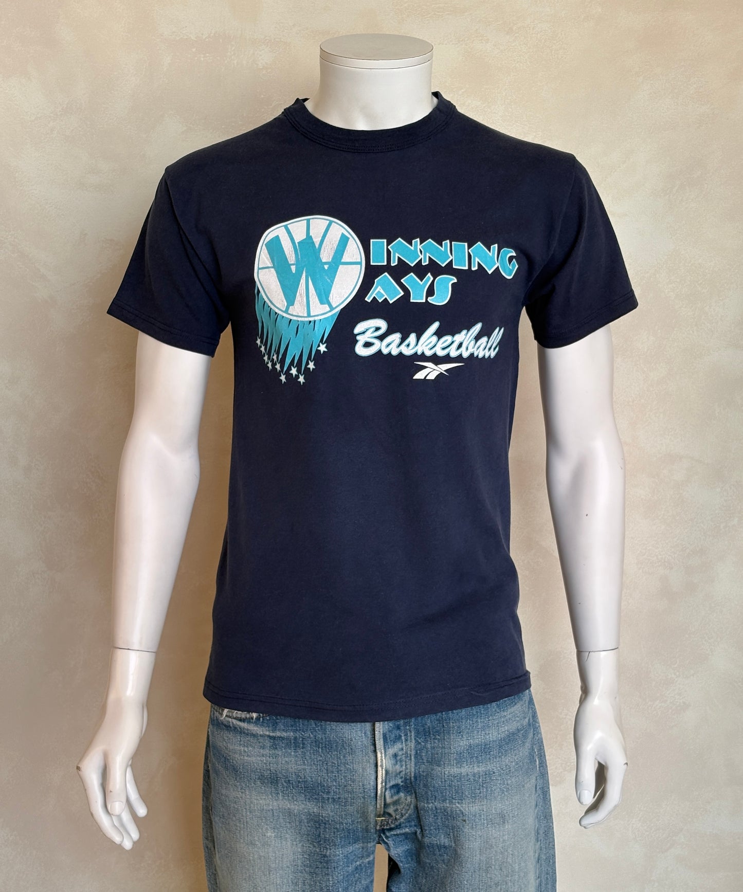 Vintage 1990s Winning Ways basketball t-shirt with bold Reebok-era design and hoops flair, size small