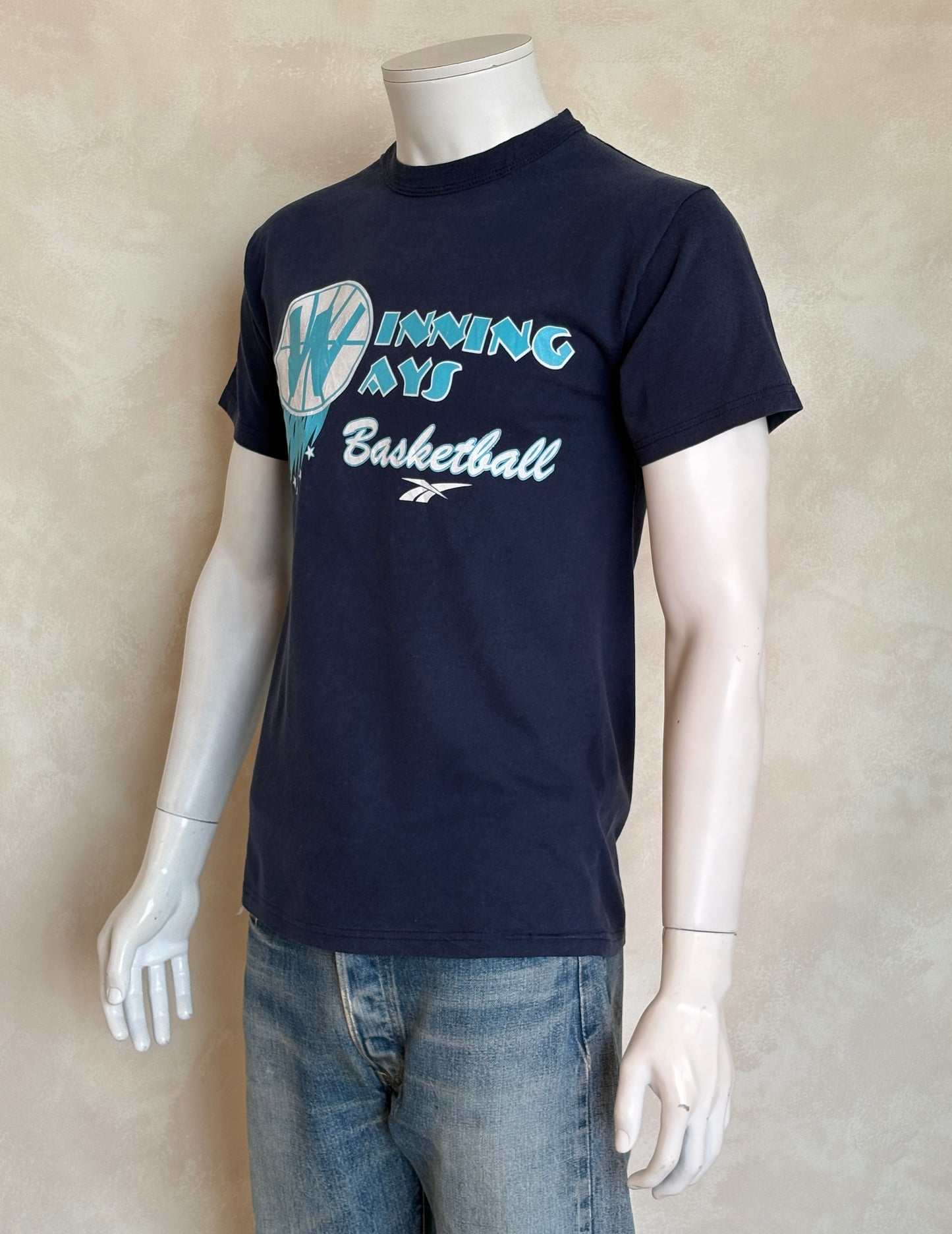 Vintage 1990s Winning Ways basketball t-shirt with bold Reebok-era design and hoops flair, size small