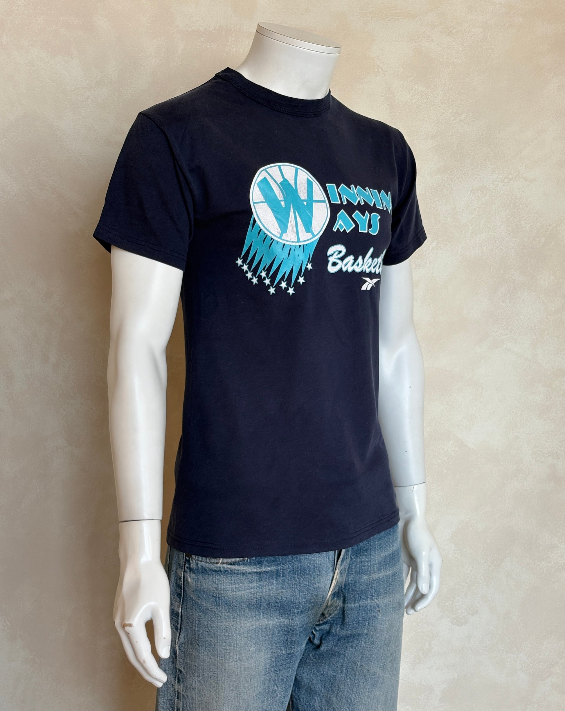 Vintage 1990s Winning Ways basketball t-shirt with bold Reebok-era design and hoops flair, size small
