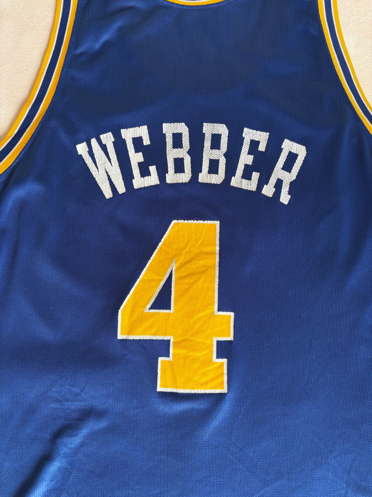Champion Golden State Warriors Chris Webber #4 Jersey Size 48 Blue Yellow Mesh 90s NBA USA