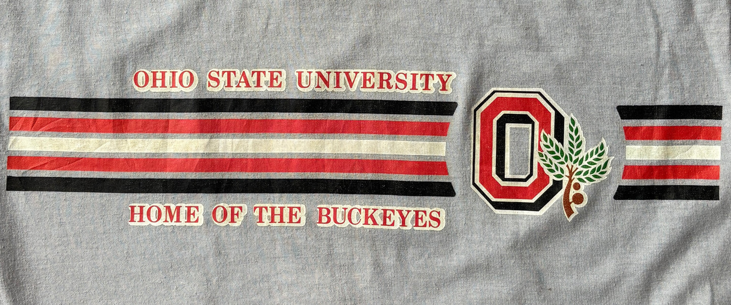 Vintage Ohio State University t-shirt with Buckeyes logo and athletic stripes, size medium