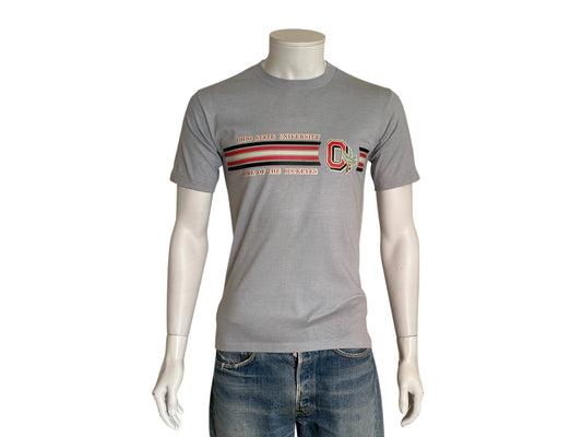 Vintage Ohio State University t-shirt with Buckeyes logo and athletic stripes, size medium