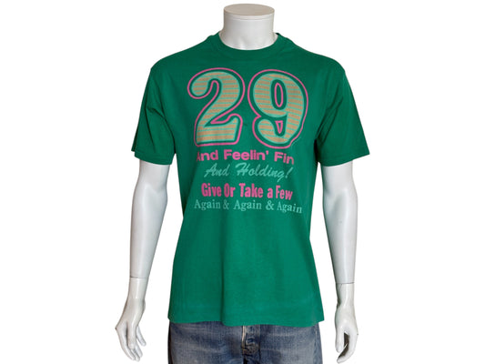 Vintage 1988 funny birthday t-shirt with “29 and Feelin Fine” slogan, made in USA