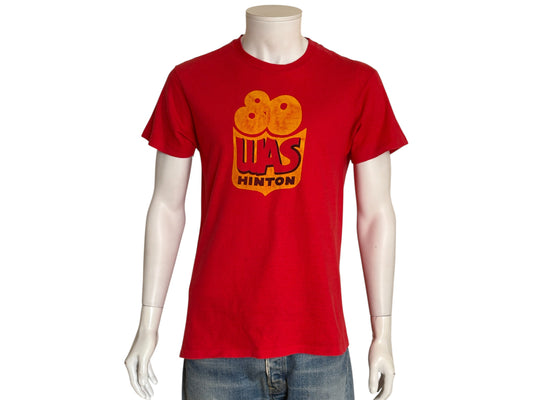 Vintage 1980s WAS Hinton bowling t-shirt with bold retro athletic graphic, size large