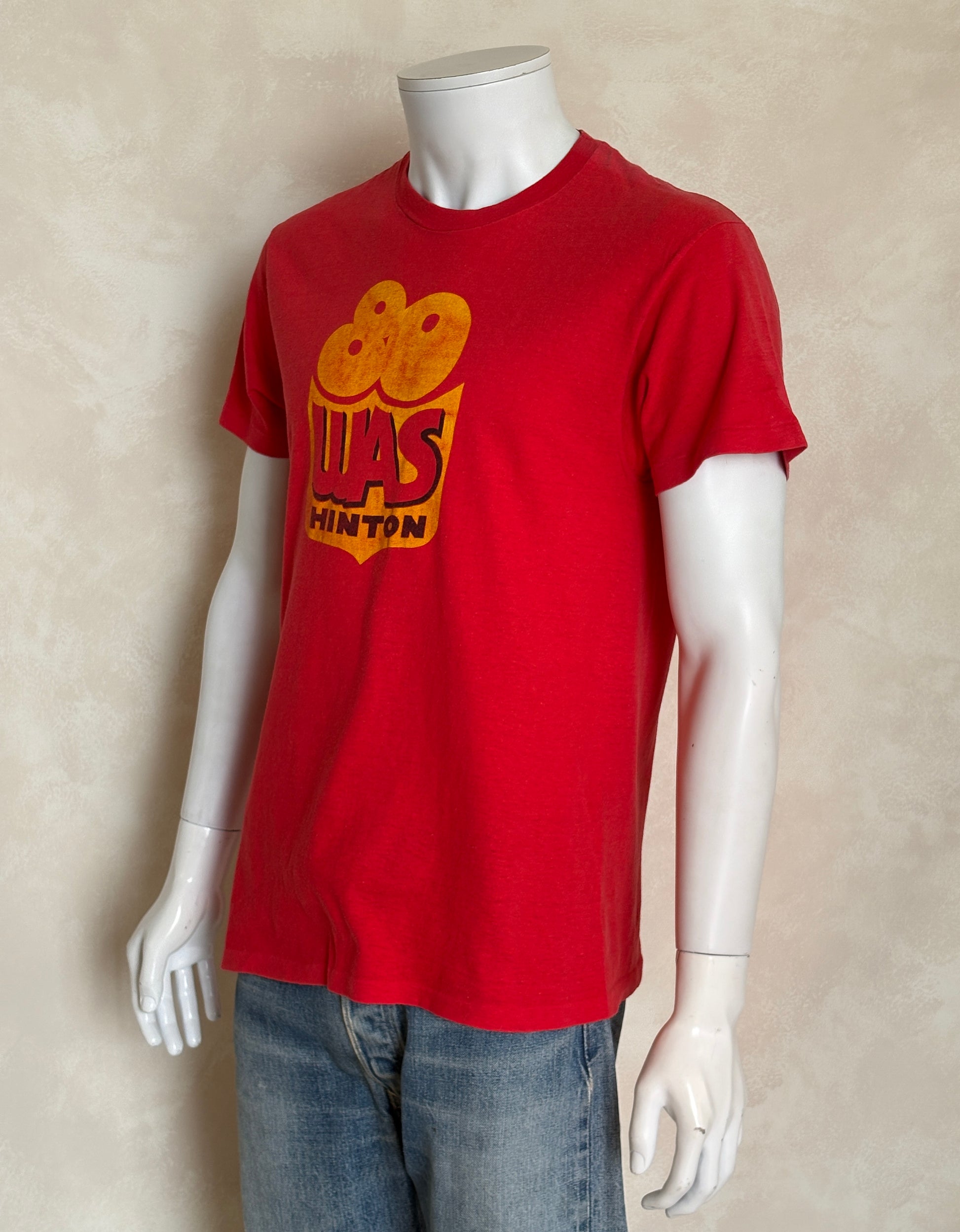 Vintage 1980s WAS Hinton bowling t-shirt with bold retro athletic graphic, size large