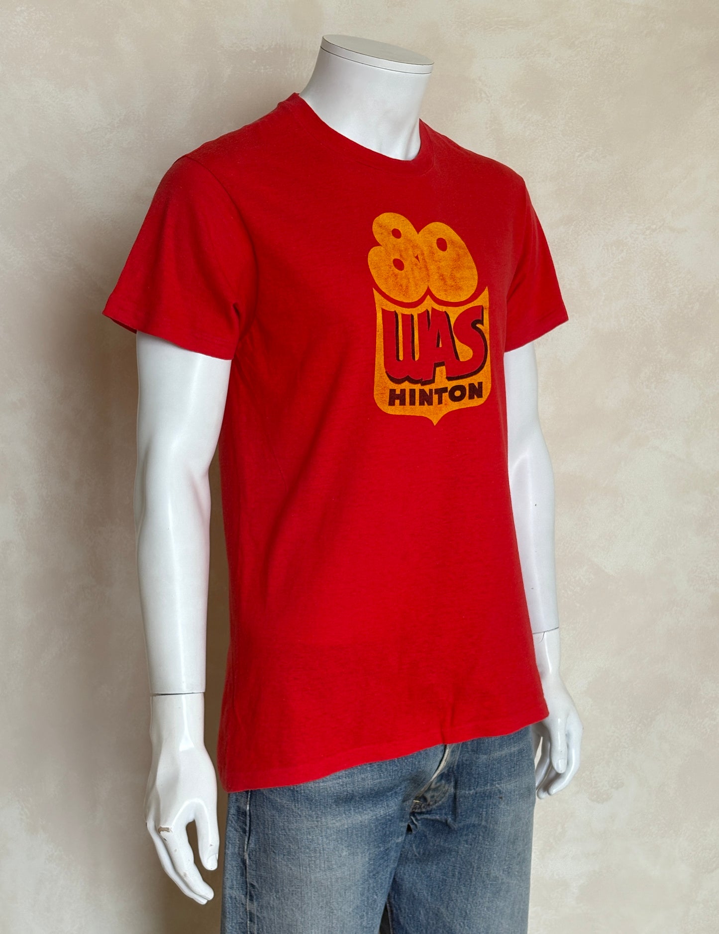Vintage 1980s WAS Hinton bowling t-shirt with bold retro athletic graphic, size large