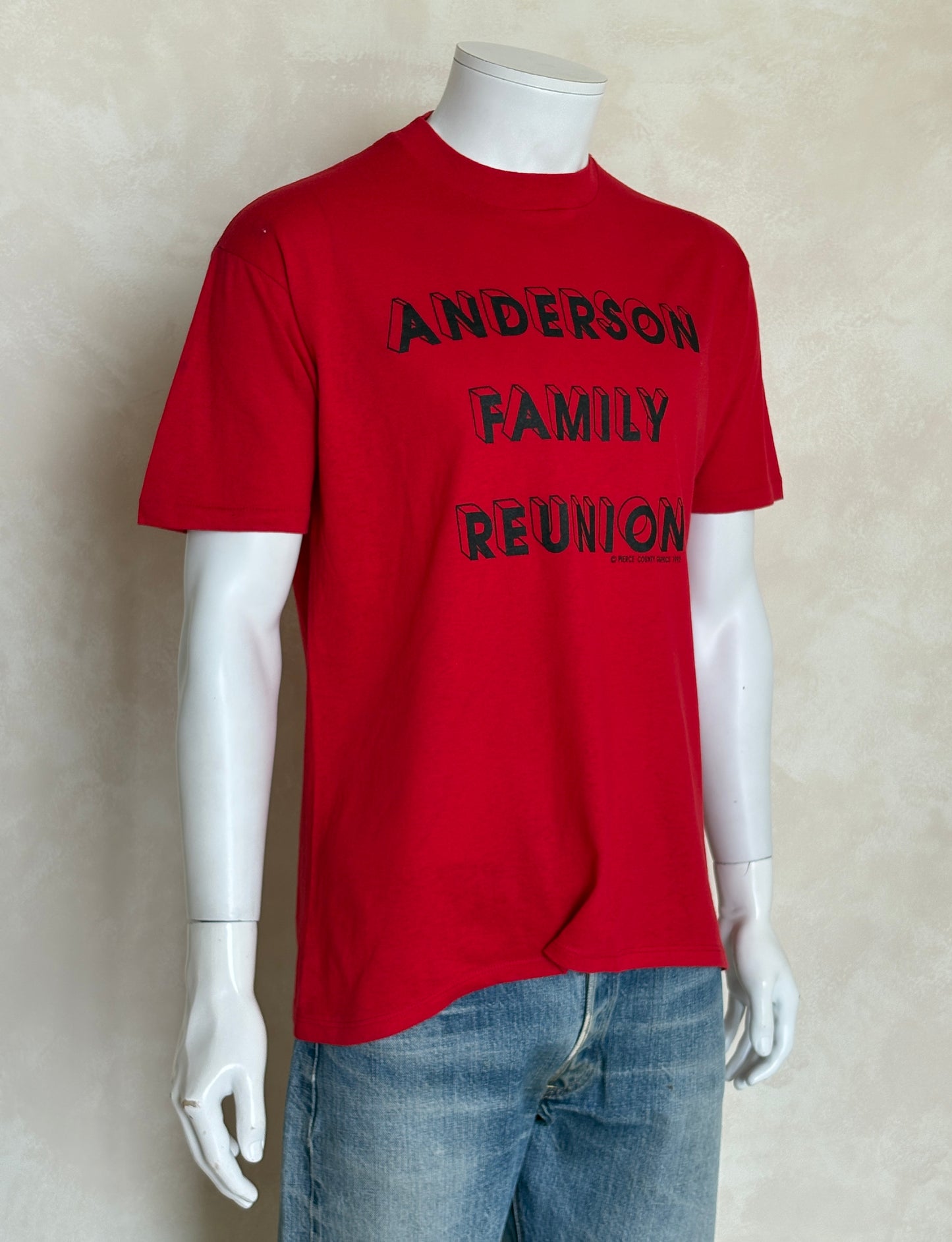 Vintage 1992 Anderson Family Reunion t-shirt with bold 90s lettering, size large