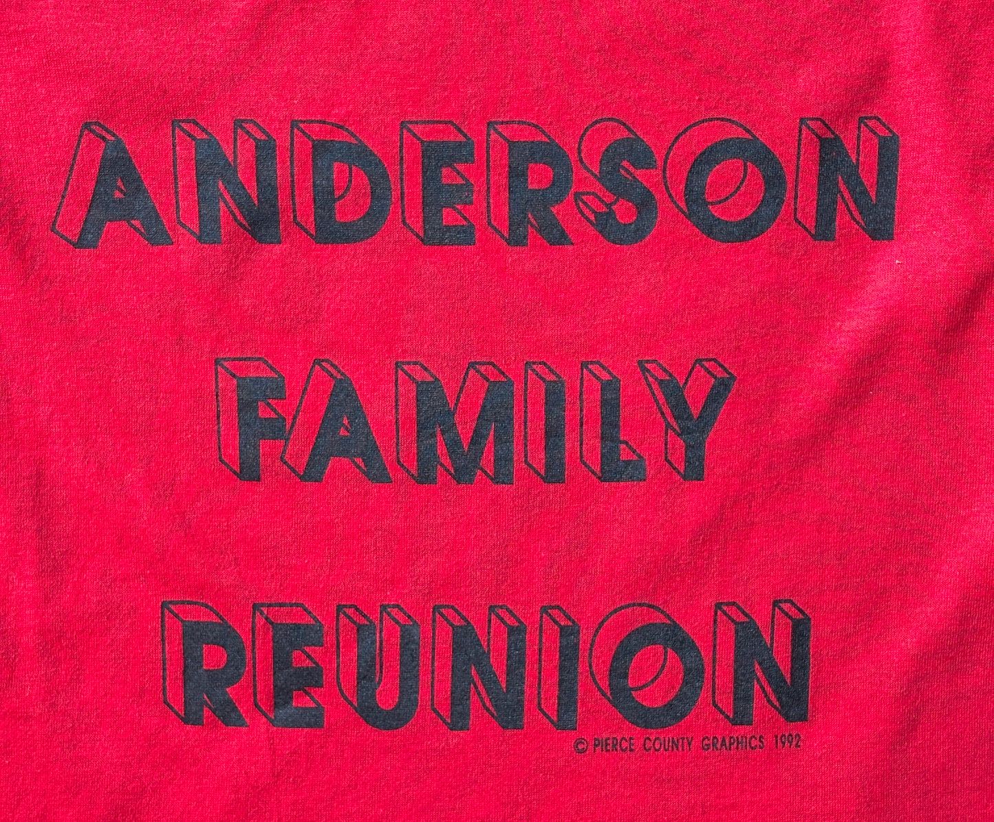 Vintage 1992 Anderson Family Reunion t-shirt with bold 90s lettering, size large