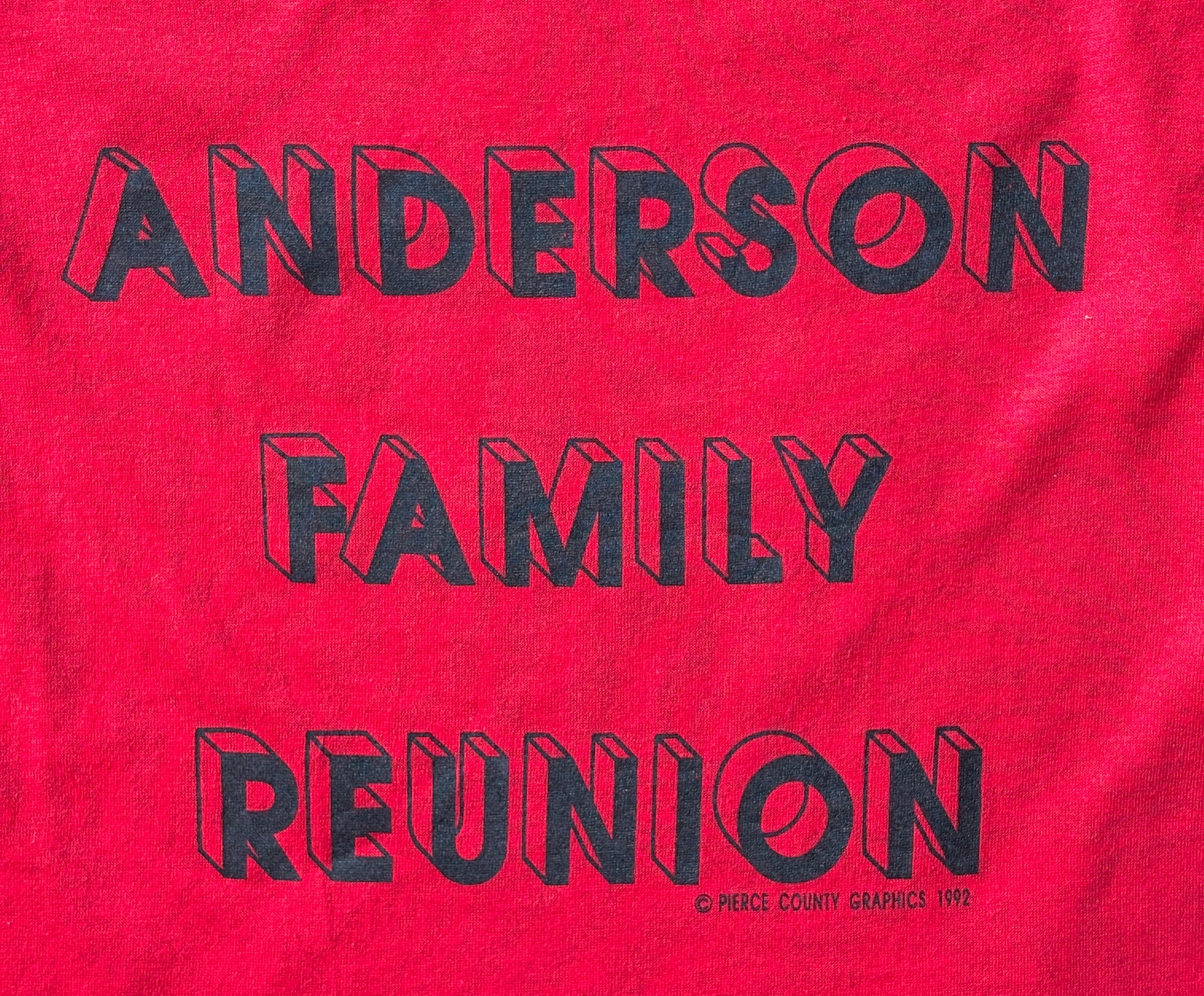 Vintage 1992 Anderson Family Reunion t-shirt with bold 90s lettering, size large