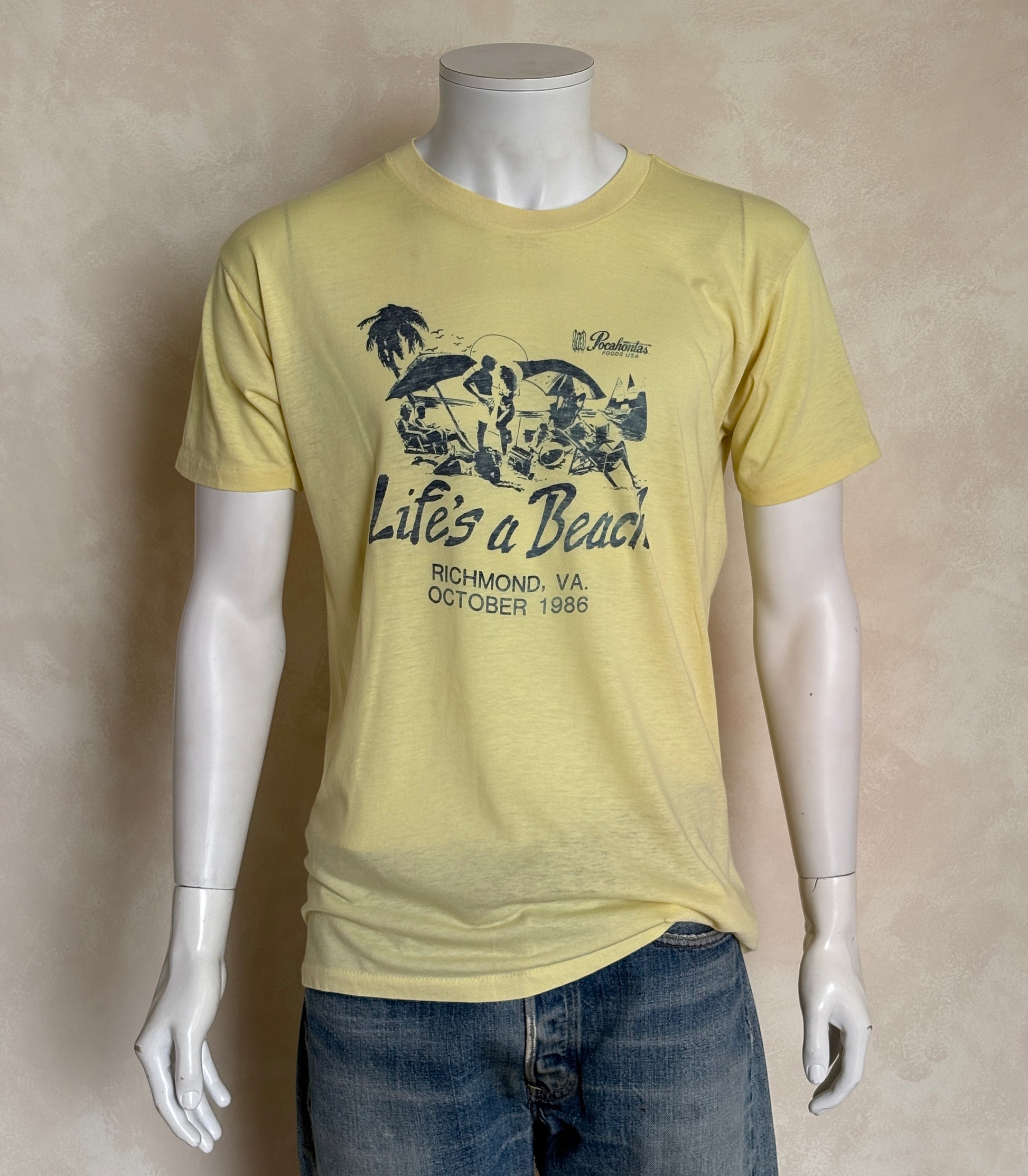 Vintage 1986 “Life’s a Beach” t-shirt from Richmond VA with retro beach scene and party vibe, size XL
