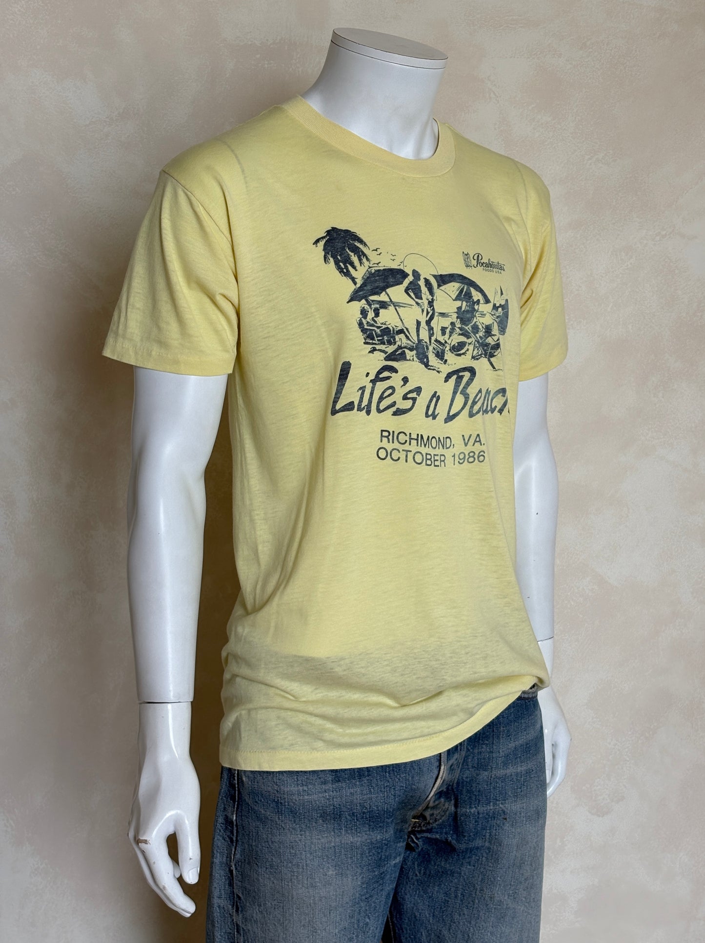 Vintage 1986 “Life’s a Beach” t-shirt from Richmond VA with retro beach scene and party vibe, size XL