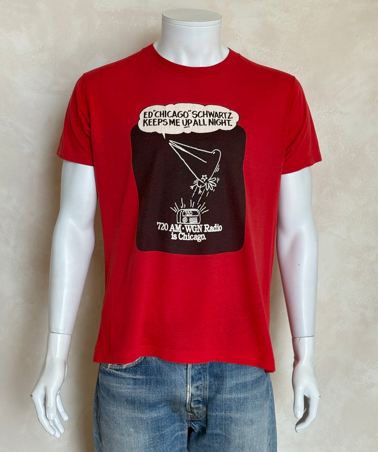 Vintage WGN Radio t-shirt featuring Ed “Chicago” Schwartz with late-night Chicago theme, size large