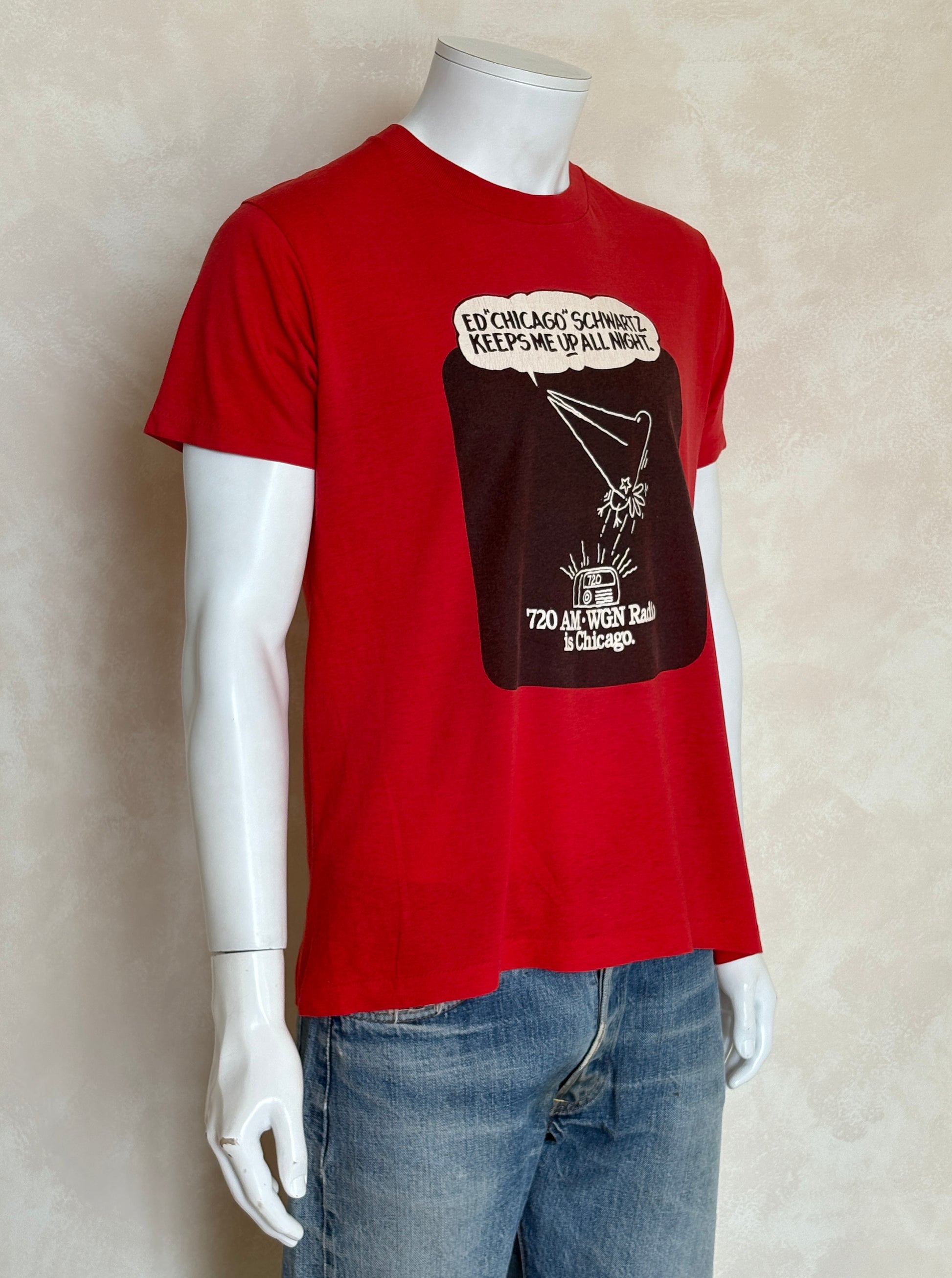 Vintage WGN Radio t-shirt featuring Ed “Chicago” Schwartz with late-night Chicago theme, size large