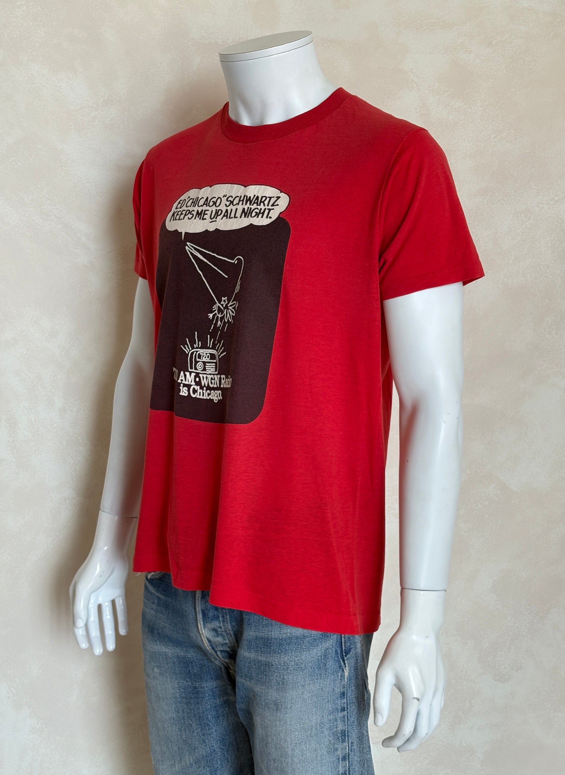 Vintage WGN Radio t-shirt featuring Ed “Chicago” Schwartz with late-night Chicago theme, size large