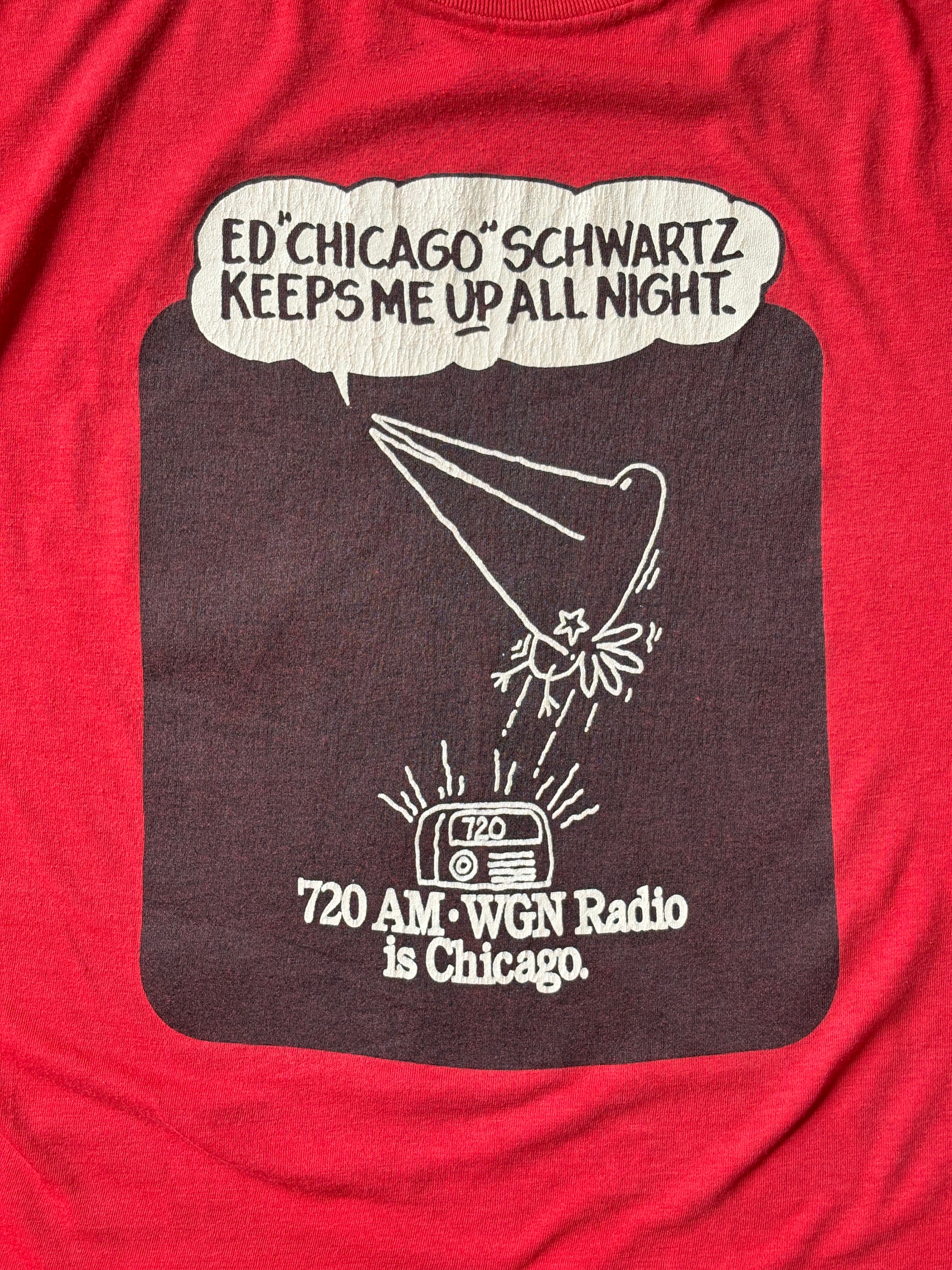 Vintage WGN Radio t-shirt featuring Ed “Chicago” Schwartz with late-night Chicago theme, size large