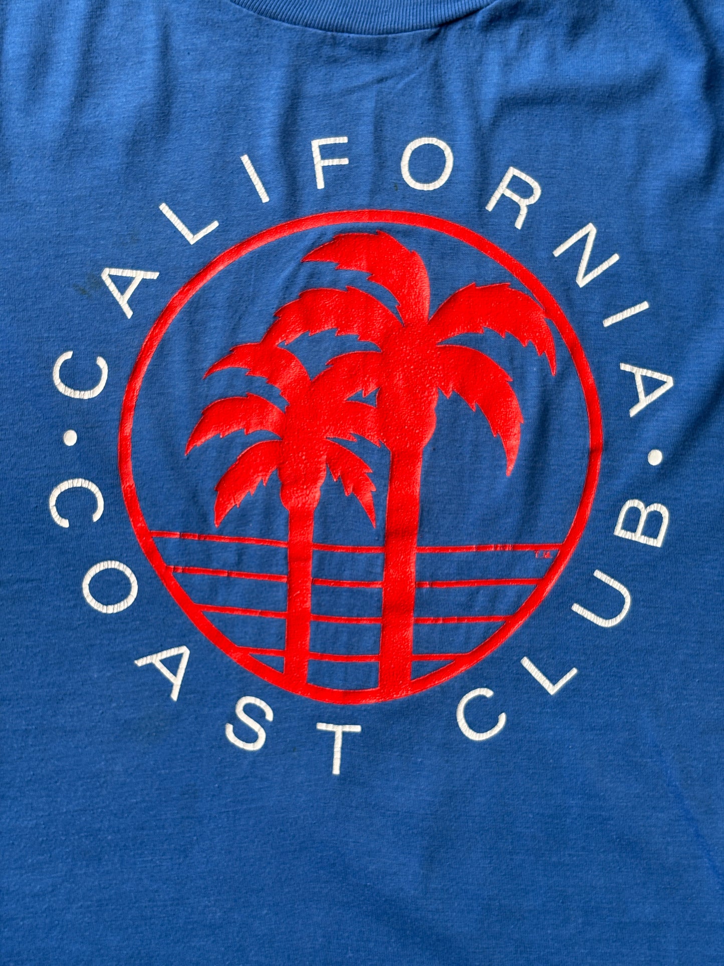 Vintage 80s California Coast Club tee – bold SoCal vibes with retro palm tree print. Large - USA Vintage Bcn