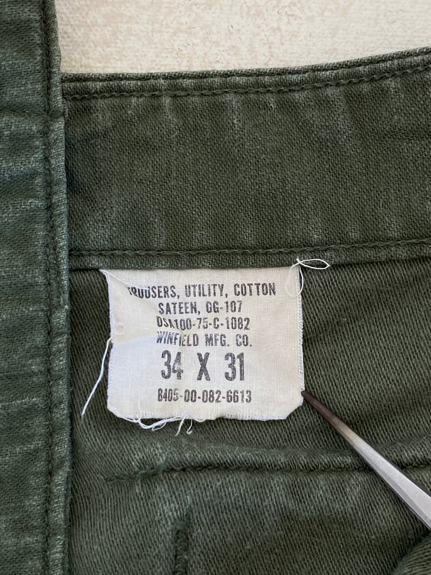 34X31. 1975 Authentic US Army Vietnam war era OG-107 Fatigue pants - USA Vintage Bcn